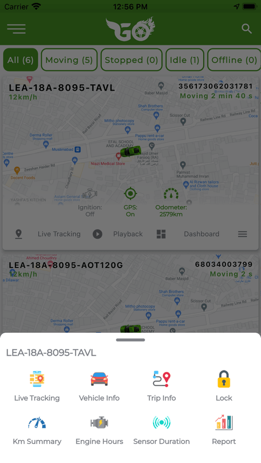 GoTrack app showing a car being tracked live with quick feature controls